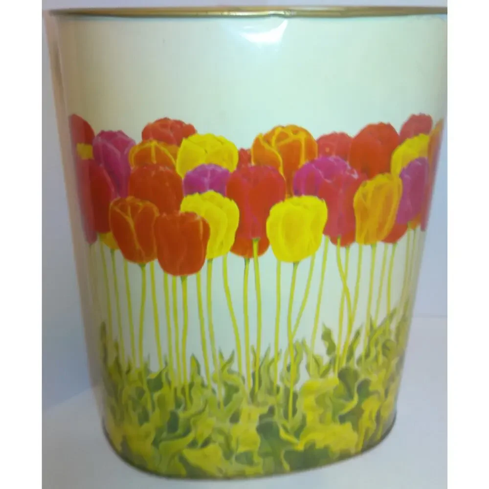 Vtg Cheinco Metal Trash Can Waste Basket Mid Century MCM Colorful Tulips READ
